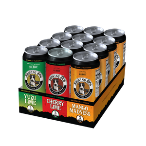 Smoking Dog mixed 5mg THC seltzer 12-pack tray with Yuzu Lime, Cherry Lime and Mango Madness cans