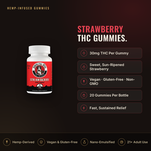 Smoking Dog Strawberry THC gummies infographic: 30mg thc per gummy, key facts