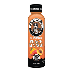 Smoking Dog Peach Mango THC infused shot bottle, 100mg full spectrum THC, 2 fl oz