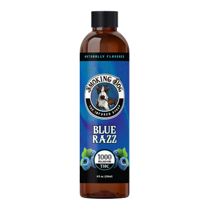 Smoking Dog Blue Razz THC infused syrup bottle, 1000mg THC