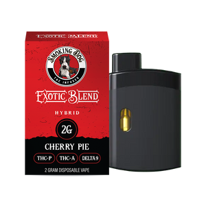 Smoking Dog Exotic Blend Cherry Pie hybrid 2-gram disposable THC vape with box and device