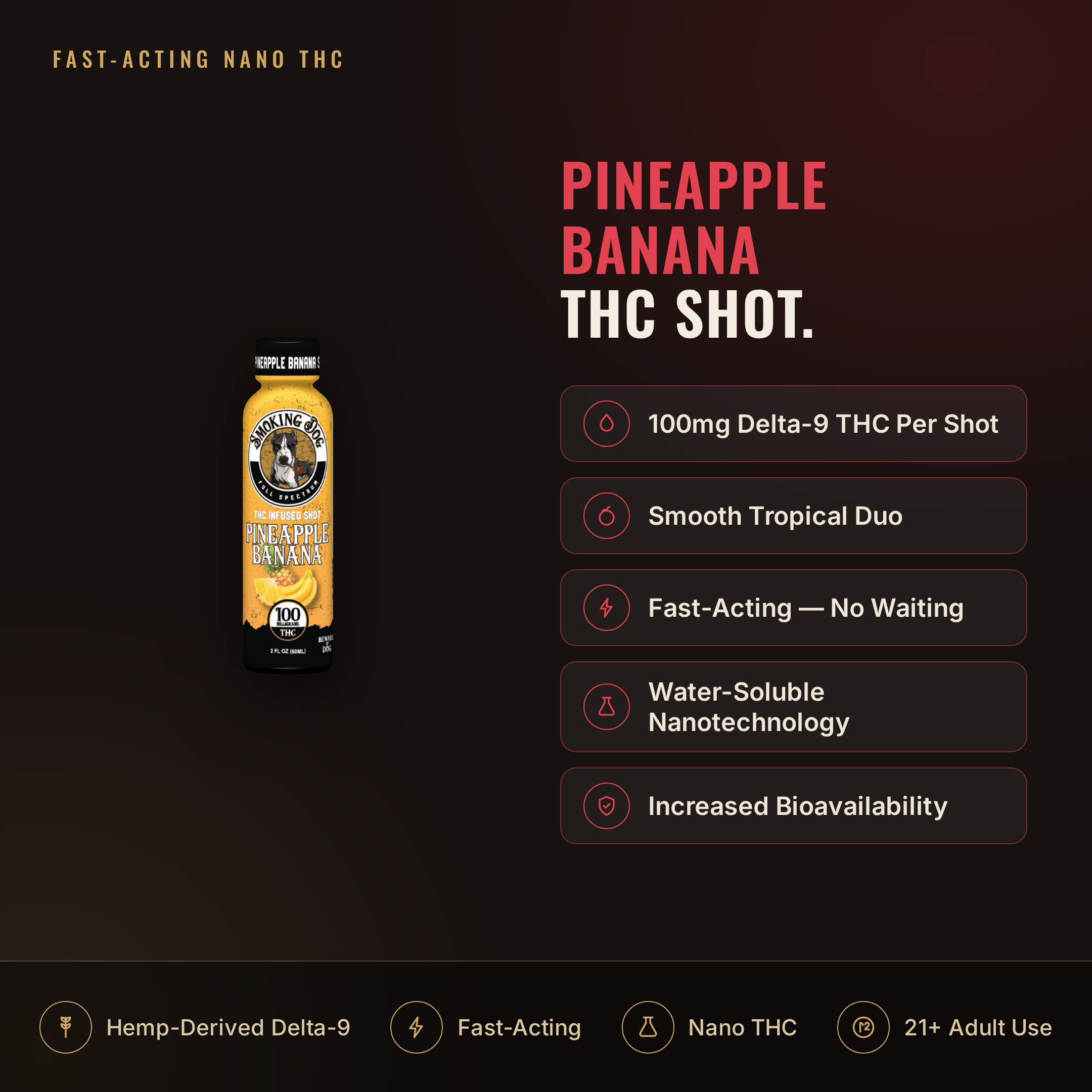 Smoking Dog Pineapple Banana 100mg THC shot infographic: dosage and key facts