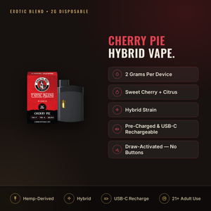 Smoking Dog Exotic Blend Cherry Pie 2g disposable vape infographic: hybrid strain facts