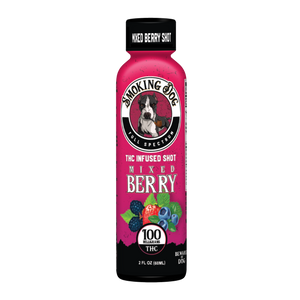 Smoking Dog Mixed Berry THC infused shot bottle, 100mg full spectrum THC, 2 fl oz
