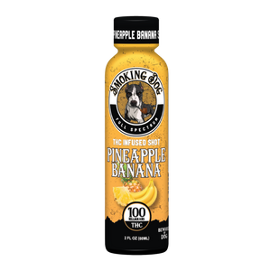 Smoking Dog Pineapple Banana THC infused shot bottle, 100mg full spectrum THC, 2 fl oz